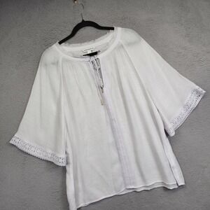 Counterparts Top Womens L White Gauzy Floral Eyelets Lace Boho Peasant Resort‎
